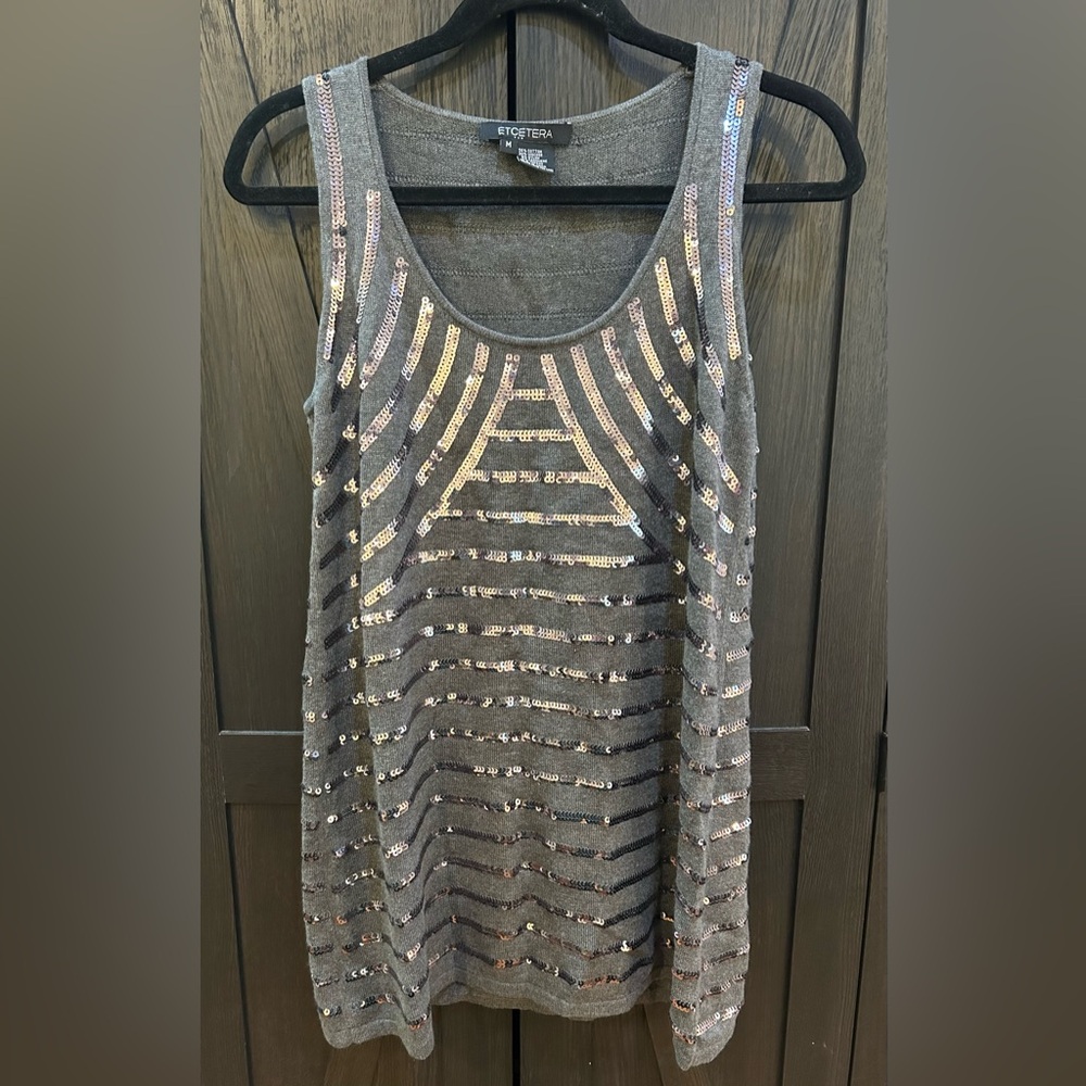 ETCETERA Sleeveless Sequin Accent Gray Tank Top